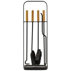 Modernist Fire Tools in Wrought Iron with Birch Handles