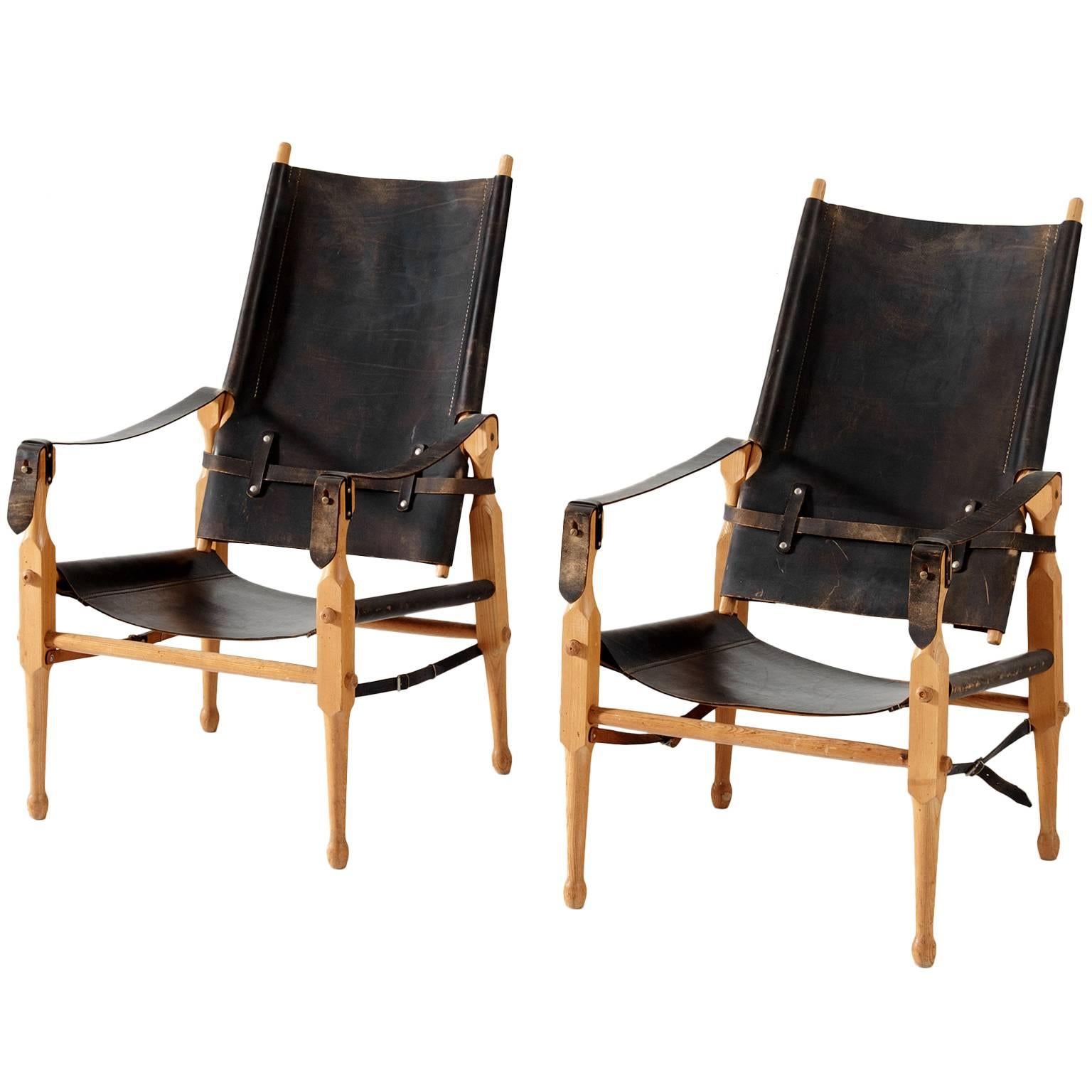 Safari Chairs in Original Black Saddle Leather, Denmark, 1960s