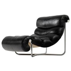 Georges Van Rijck Lounge Chair in Black Leather and Chrome, Belgium, 1972