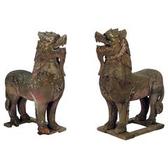45" Pair of Wood Palace Lions S.E. Asia Weathered with Mica Eyes, circa 1850 10