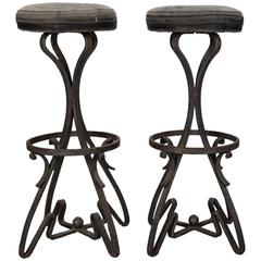 Pair of French Bar Height Stools with Fer Forge Base