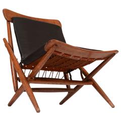 Chaise d'appoint pliante danoise en teck et cuir