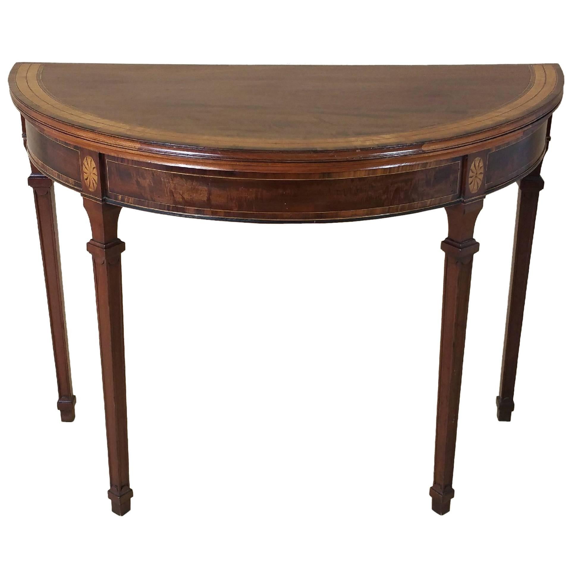 George III Inlaid Mahogany Demilune Card Table