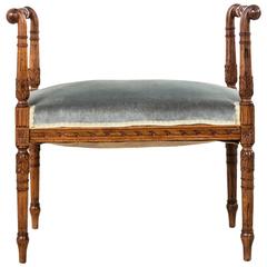 19th Century French Hand-Carved Walnut Banquette or Bench with New Upholstery