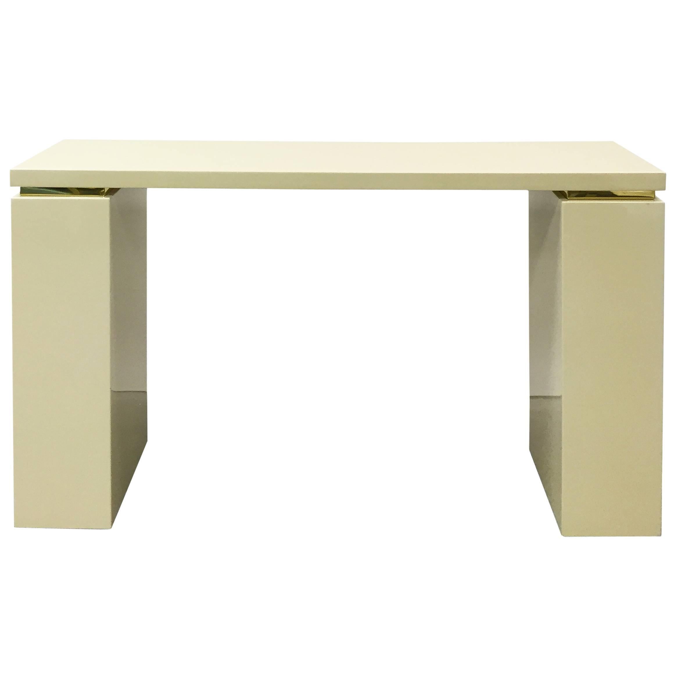 Ivory Lacquer Console with Brass Banding by Jean Claude Mahey