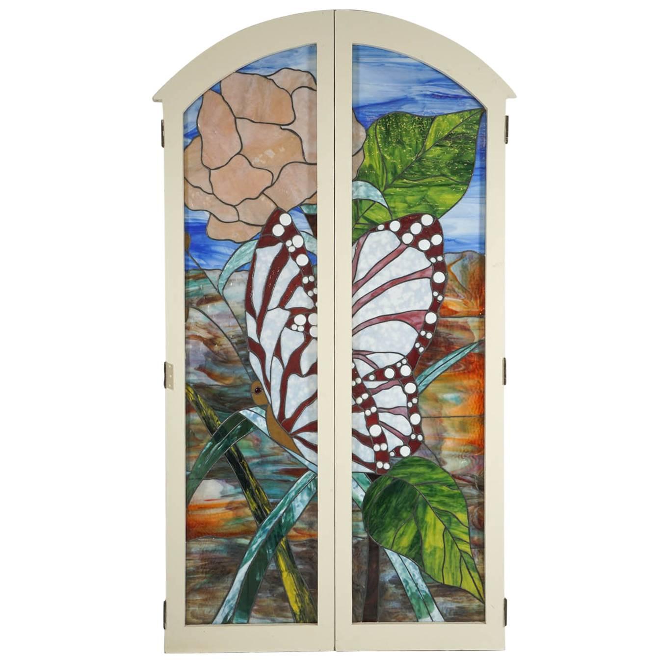Pair of Beautiful Stained Glass Windows with Butterfly