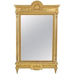 French Louis XVI Style Carved Giltwood Antique Mirror, 19th Century