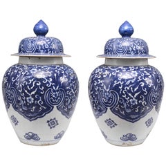 Antique Pair of Blue and White Chinese Export Porcelain Jars with Covers