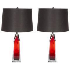 Vintage Pair of Garnet Crystal Lamps by Carl Fagerlund for Orrefors
