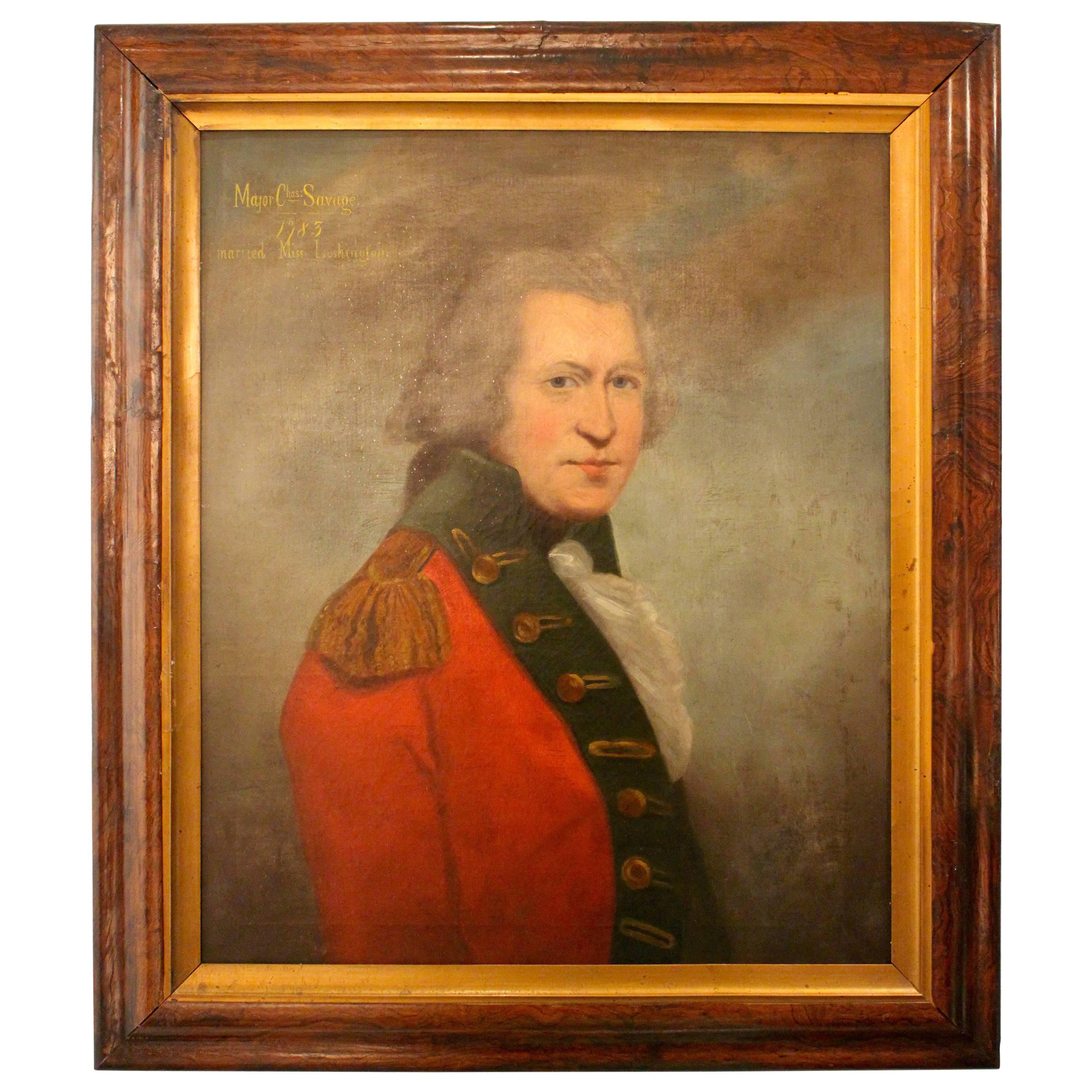 1783 Oil on Canvas Painting of "Major Charles Savage" in Redcoat Army Uniform For Sale