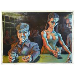 Large W P A Style Oil on Canvas "At The Bar"  M J Myers