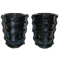 Vintage Cenedese Superb Pair of Glowing Iridescent Black Murano Glass Vases