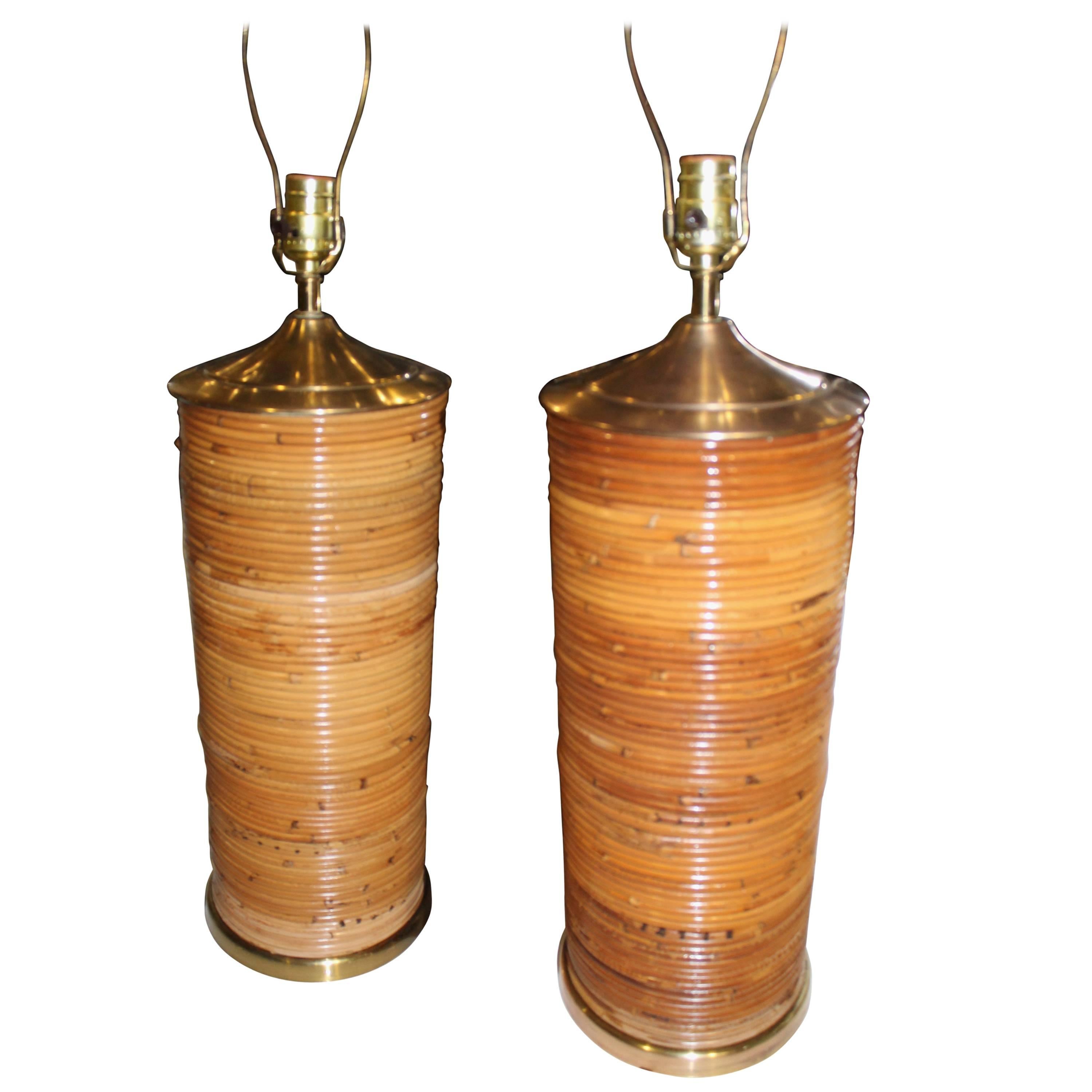 Pair of Vintage Bamboo Rattan and Brass Table Lamps