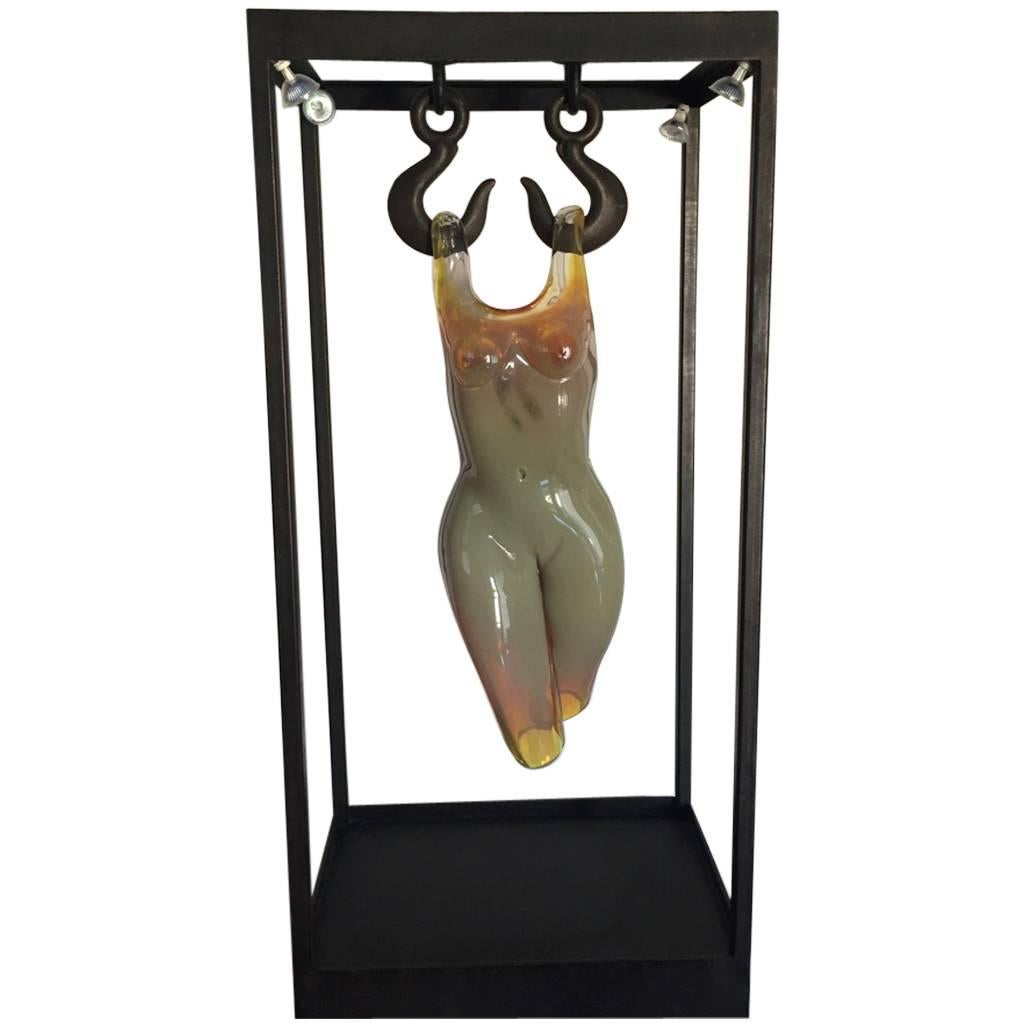 Grand Sculpted Blown Glass Female Figure in Steel Frame For Sale