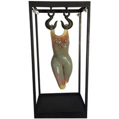 Grand Sculpted Blown Glass Female Figure in Steel Frame