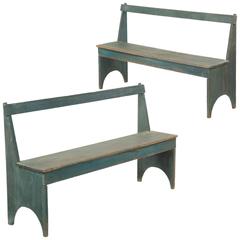 Pair of American Teal Painted Bootjack Antique Benches