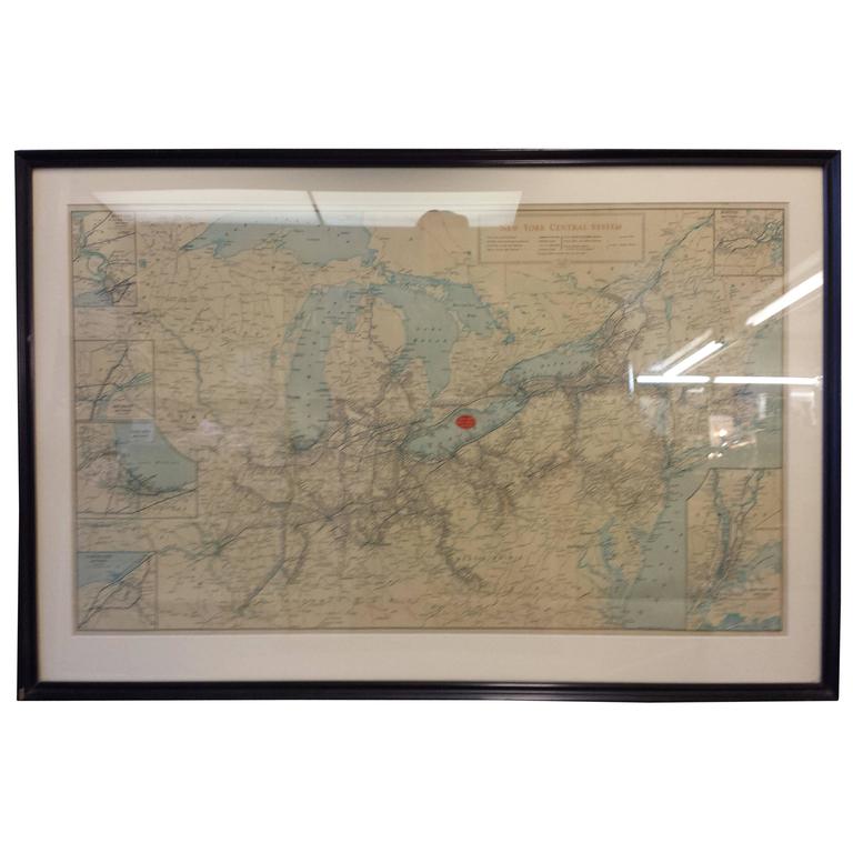 Framed New York Central Railway Map Original from 1943 with Railway