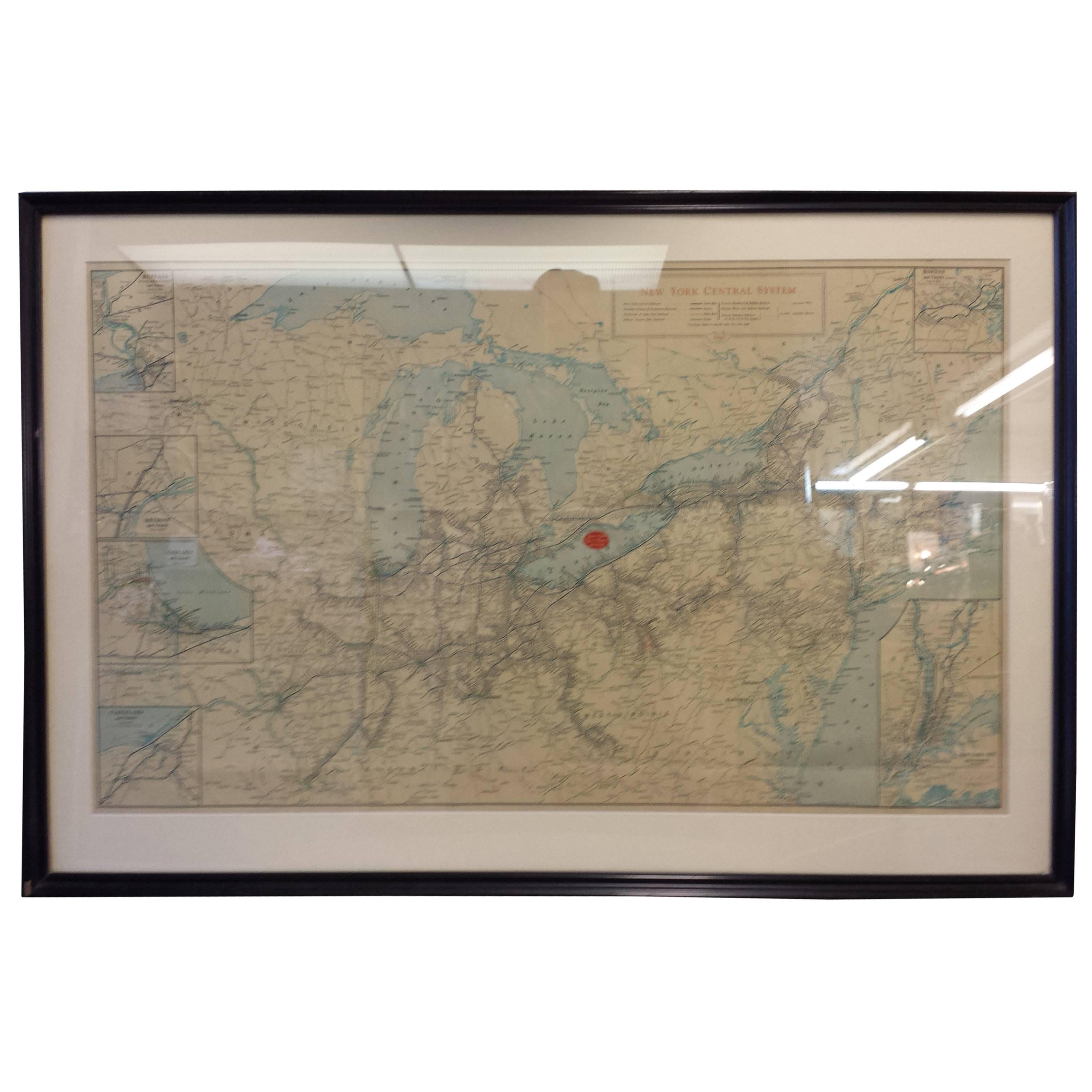 Framed New York Central Railway Map Original from 1943 with Railway Label