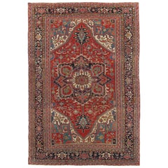 Antique Persian Heriz Carpet, Handmade Wool Oriental Rug, Red and Navy Light Blue