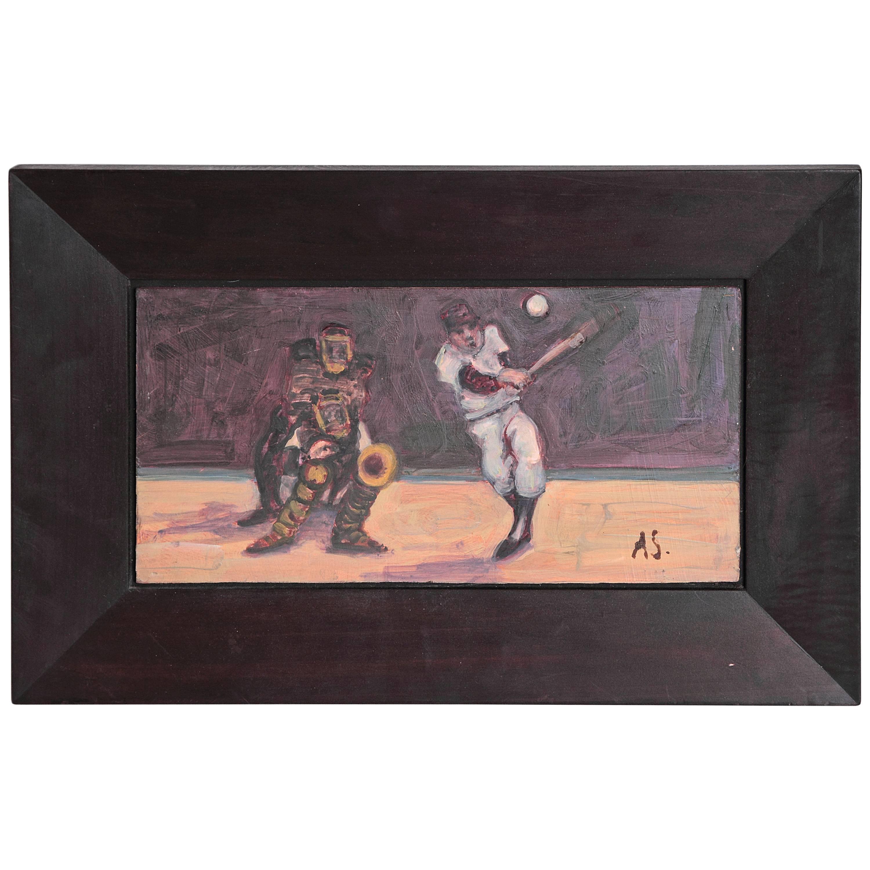 Arthur Smith Signed Baseball Scene Oil Painting on Board