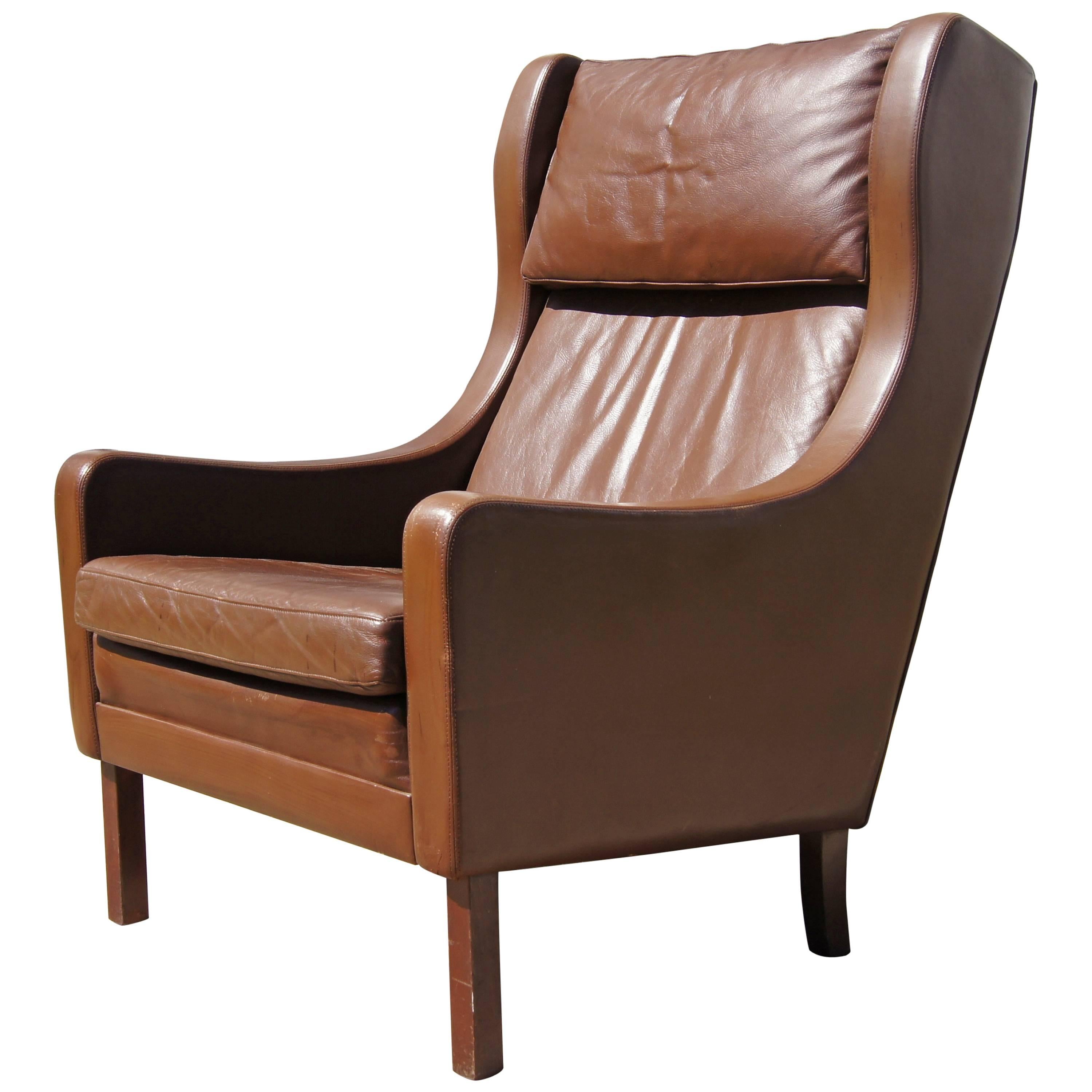 Brown Leather Highback Lounge Chair After Børge Mogensen