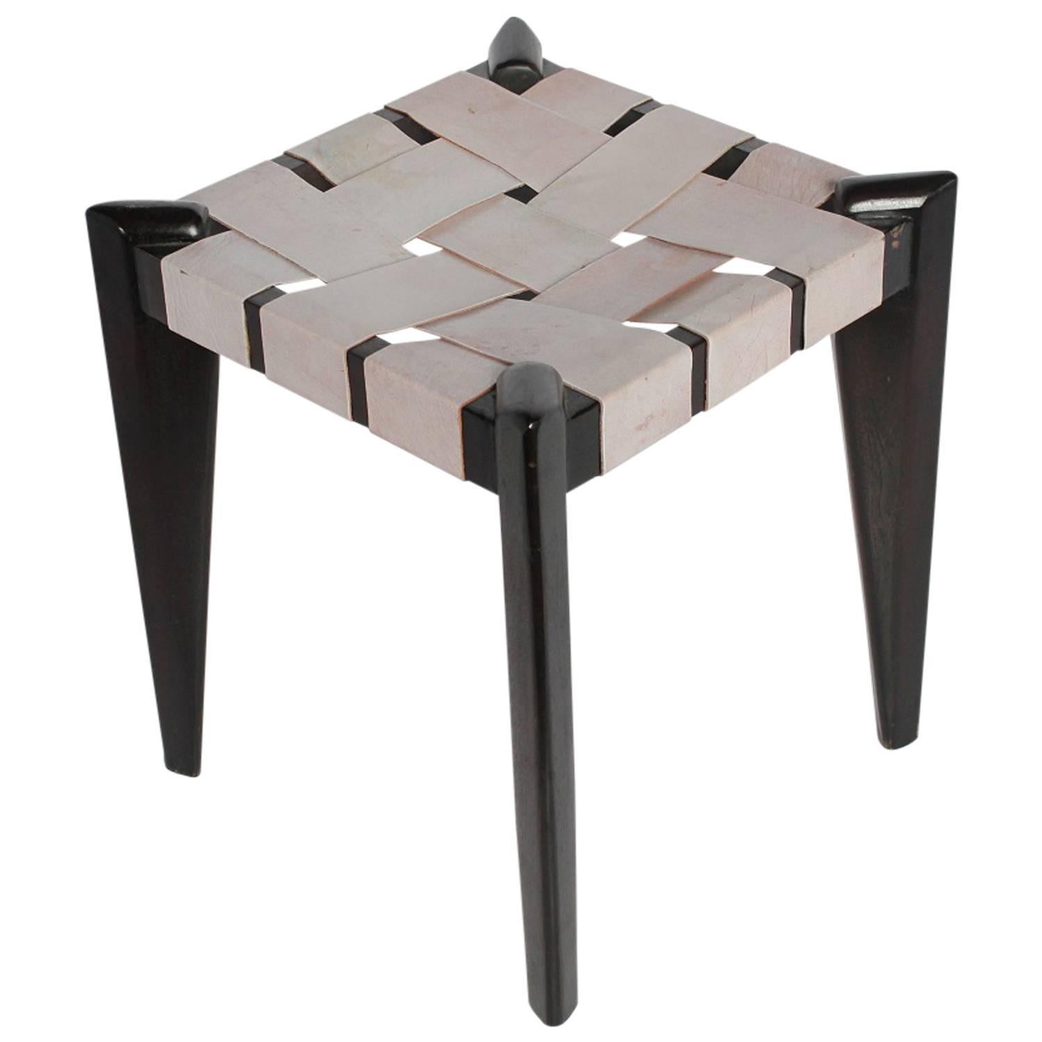 Modern Woven Leather and Wood Stool For Sale