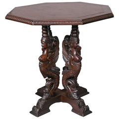 Antique Egyptain Revival Walnut Inlaid Hezagon Center Table with Carved Mermaid Base