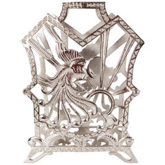 Art Deco Magazine Stand with Graphic Rooster Motif in Lustrous Nickel