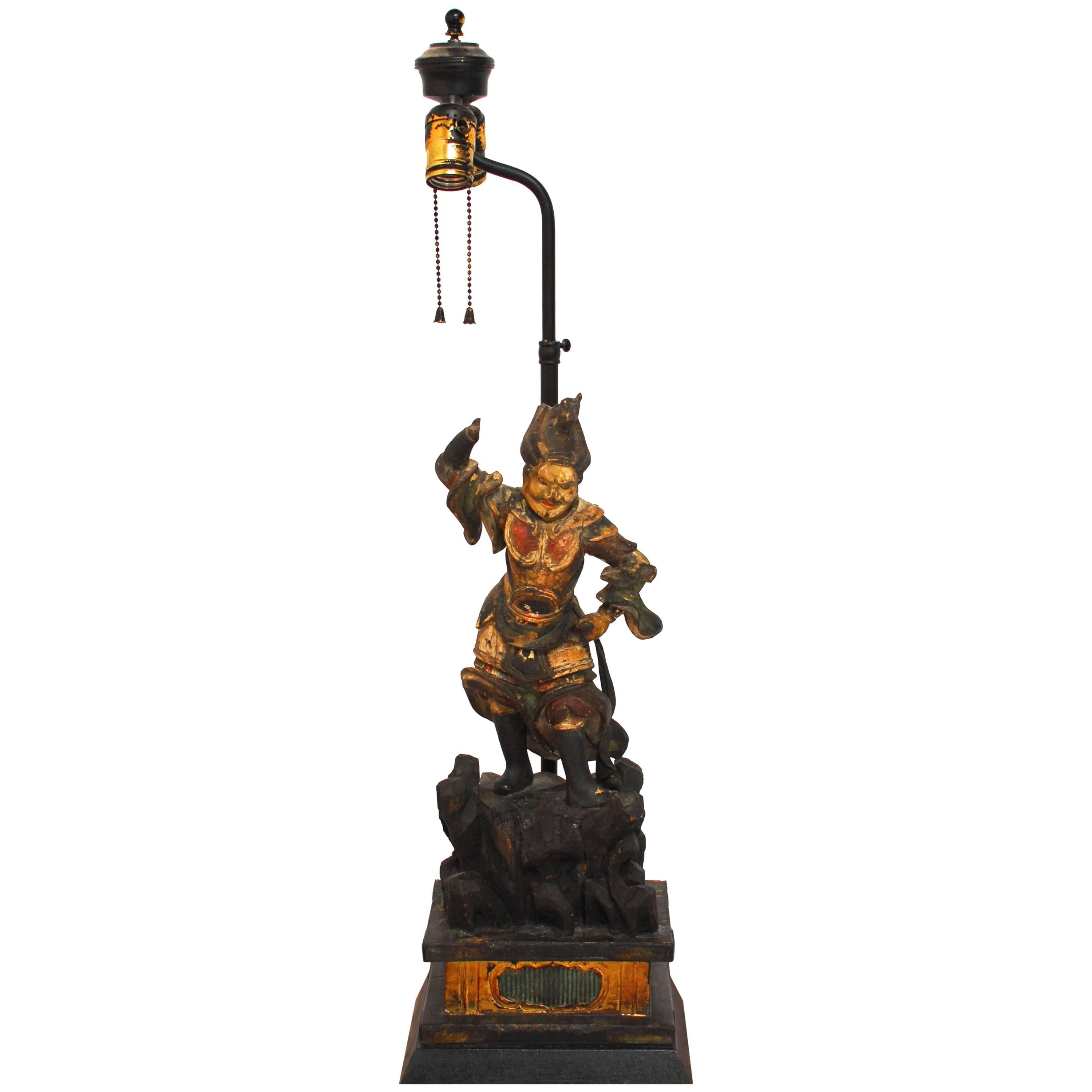 Polychrome Carved Warrior Figure Table Lamp