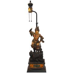 Antique Polychrome Carved Warrior Figure Table Lamp