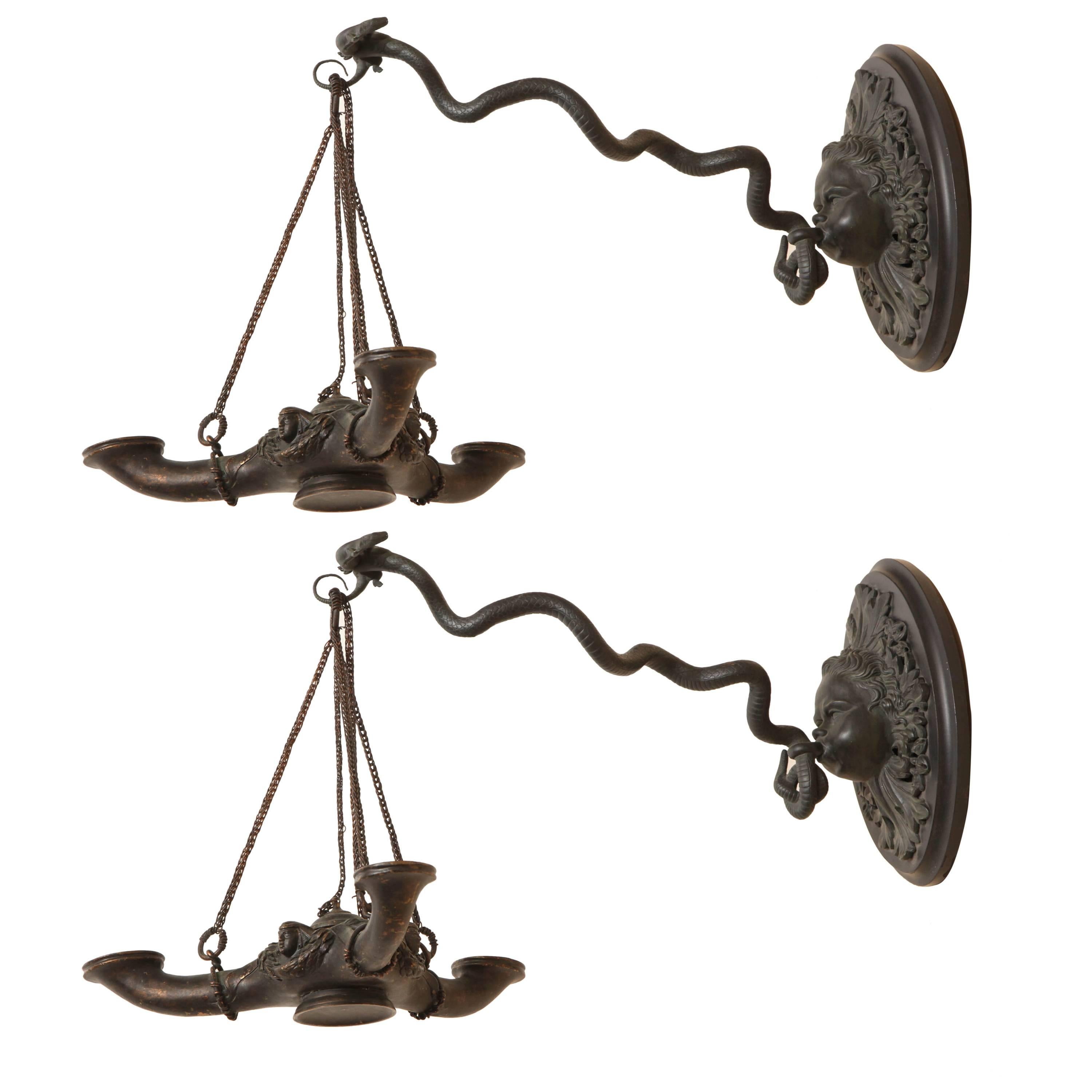 Pair of 19th Century Herculaneum Style Bracket Oil Lamps