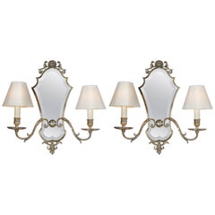 Pair of Edwardian Silver Plated Wall Lights with Smoked Blue Mirror Plates