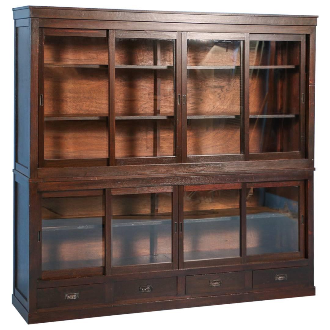 Antique Japanese Bookcase or Cabinet with Sliding Glass Doors, circa 1890s
