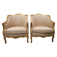 French Giltwood Louis XV Style Bergeres, Pair