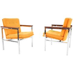 Mid-Century Modern Mirrored Chrome and Rosewood Armchairs by Milo Baughman