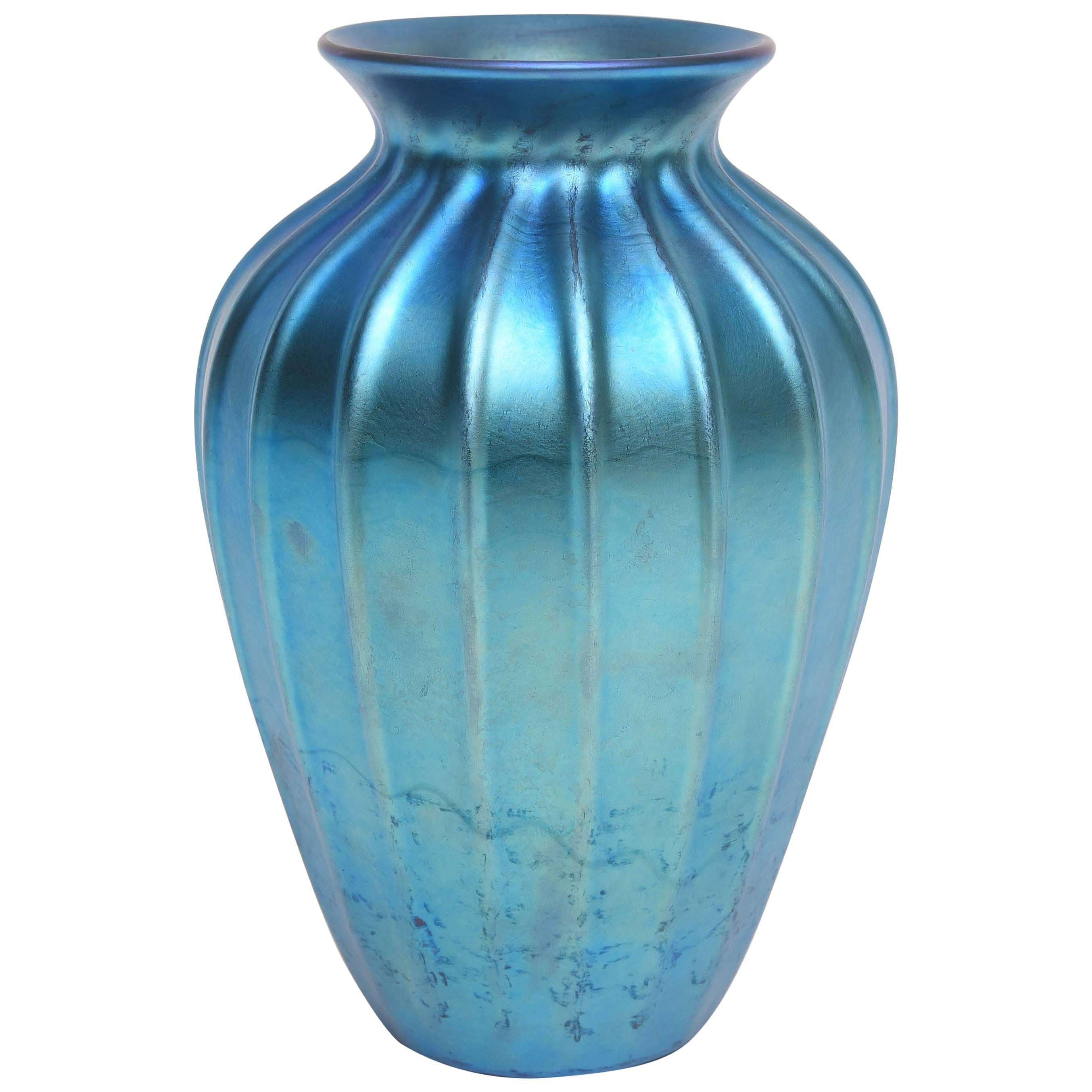 Tiffany Studios Blue Favrile  Ribbed Vase
