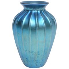 Tiffany Studios Blue Favrile Ribbed Vase