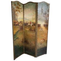 Three-Panel Victorian Painted Leather Fox Hunting Screen