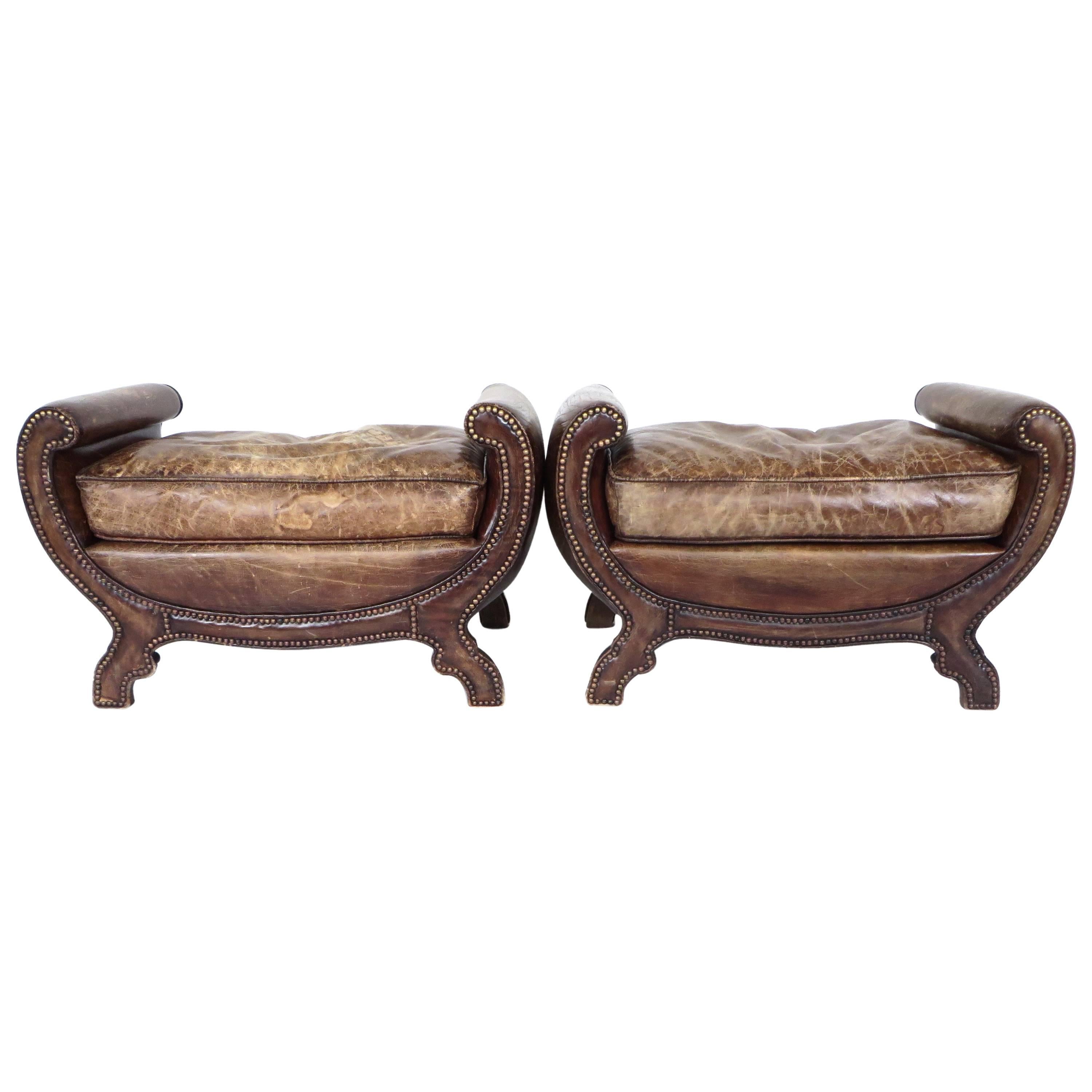 Pair of Victorian English Leather and Brass Studded Stools