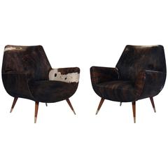 Italian Mid-Century Modern Club Chairs Covered In Cowhide