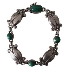 Antique Georg Jensen Sterling Silver Bracelet with Green Agate