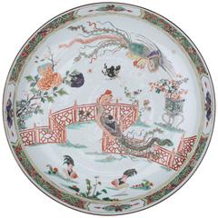 Antique  Chinese Porcelain Large Dish, Peacocks in Garden Scene, 18th Century