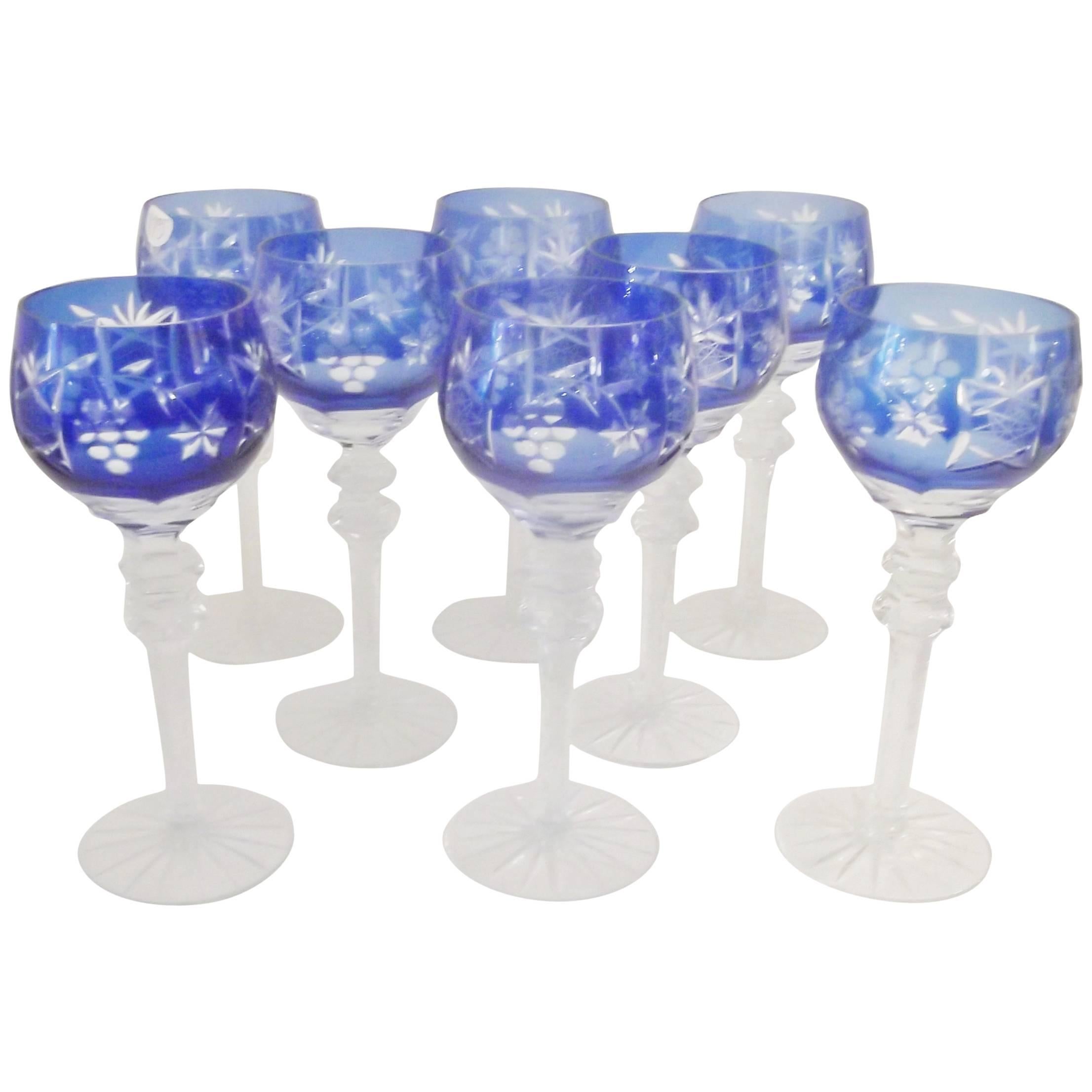 Set of Eight Bohemian Cobalt Cut to Clear Wine Glasses
