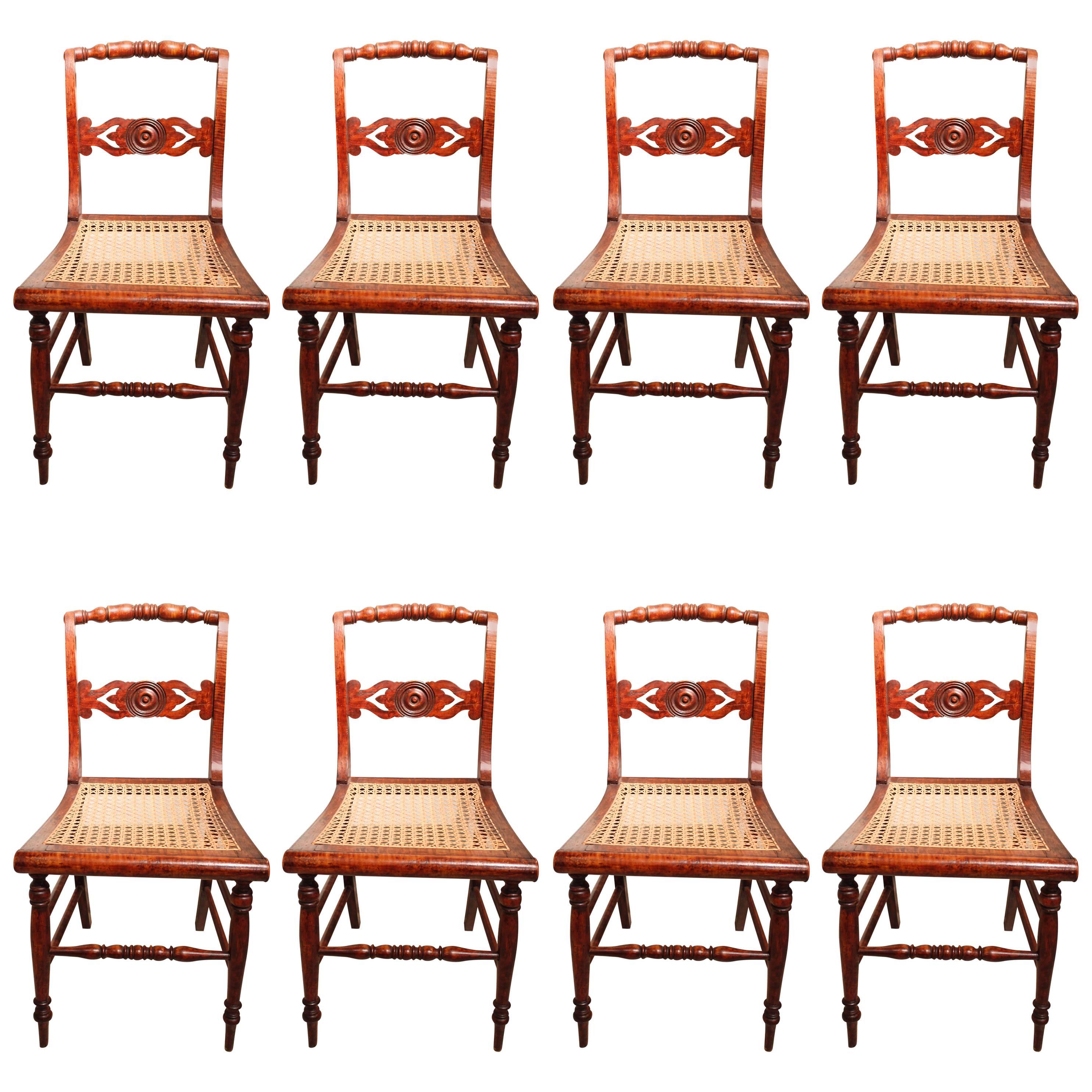 Set of Eight New England Curly Maple Dining Chairs For Sale