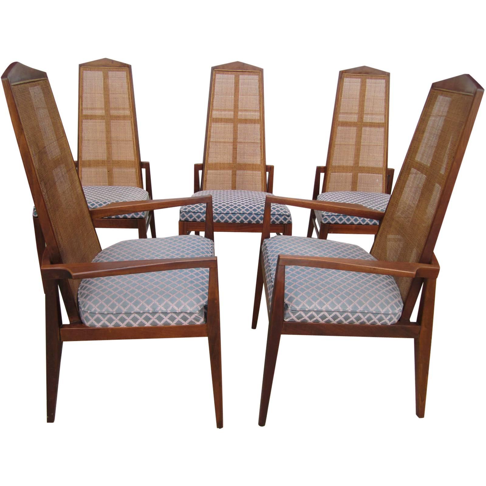 5 Walnut Foster and McDavid Cane-Back Dining Chairs, Mid-Century Modern