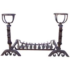 Antique Pair of 18th Century French Wrought Iron "Landiers" and Their Grate