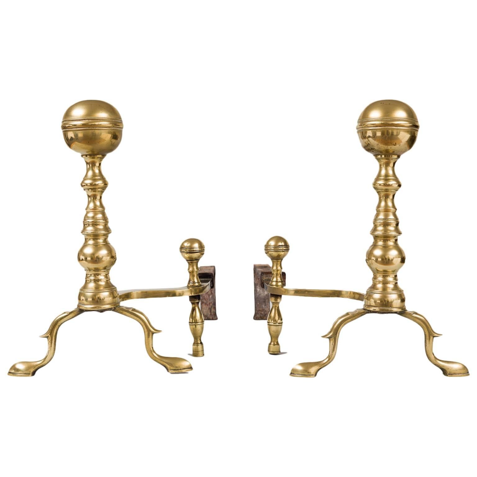 Pair of American Brass Ball Topped Andirons
