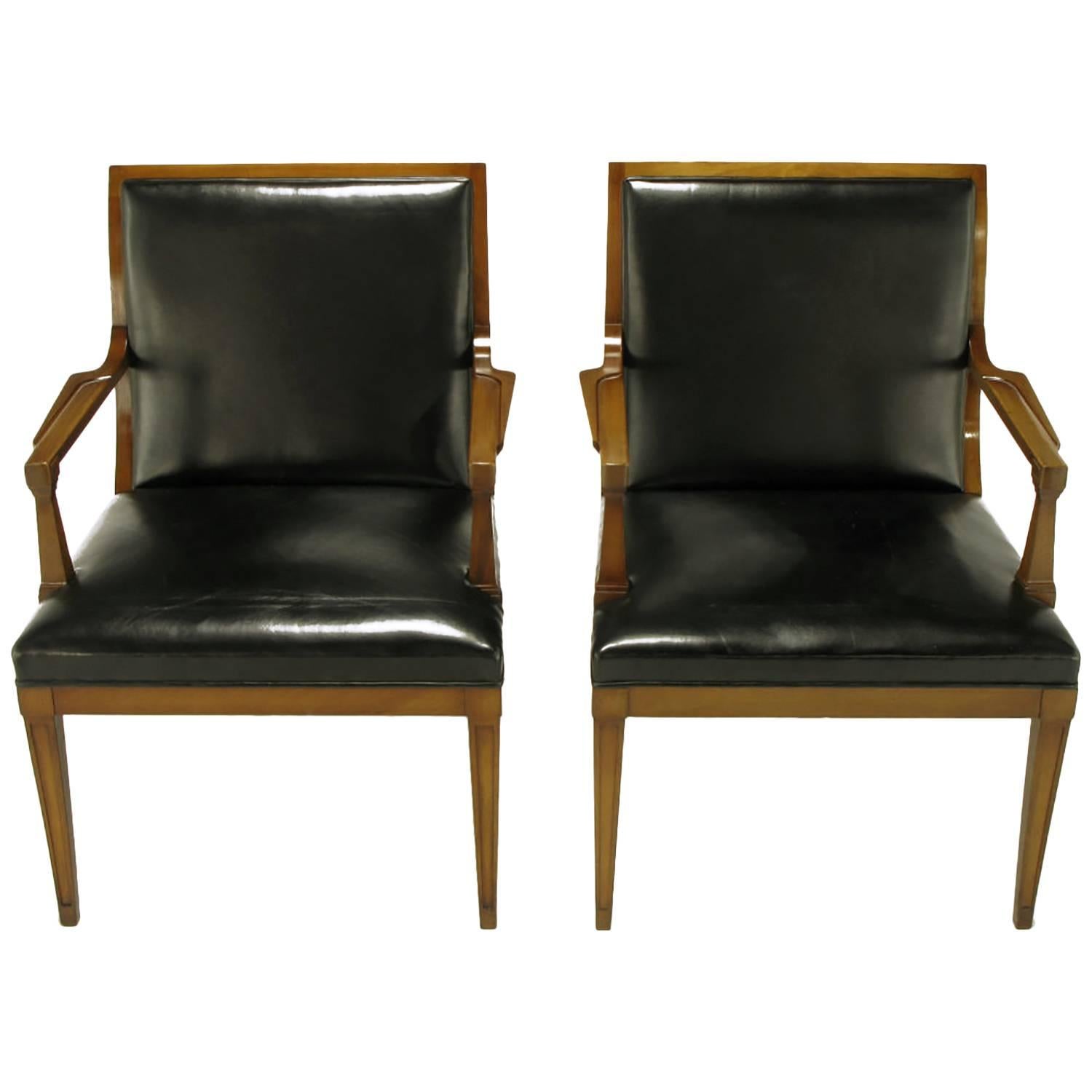 Pair of Stow Davis Black Leather and Walnut Sculptural Armchairs