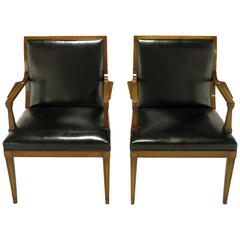 Vintage Pair of Stow Davis Black Leather and Walnut Sculptural Armchairs