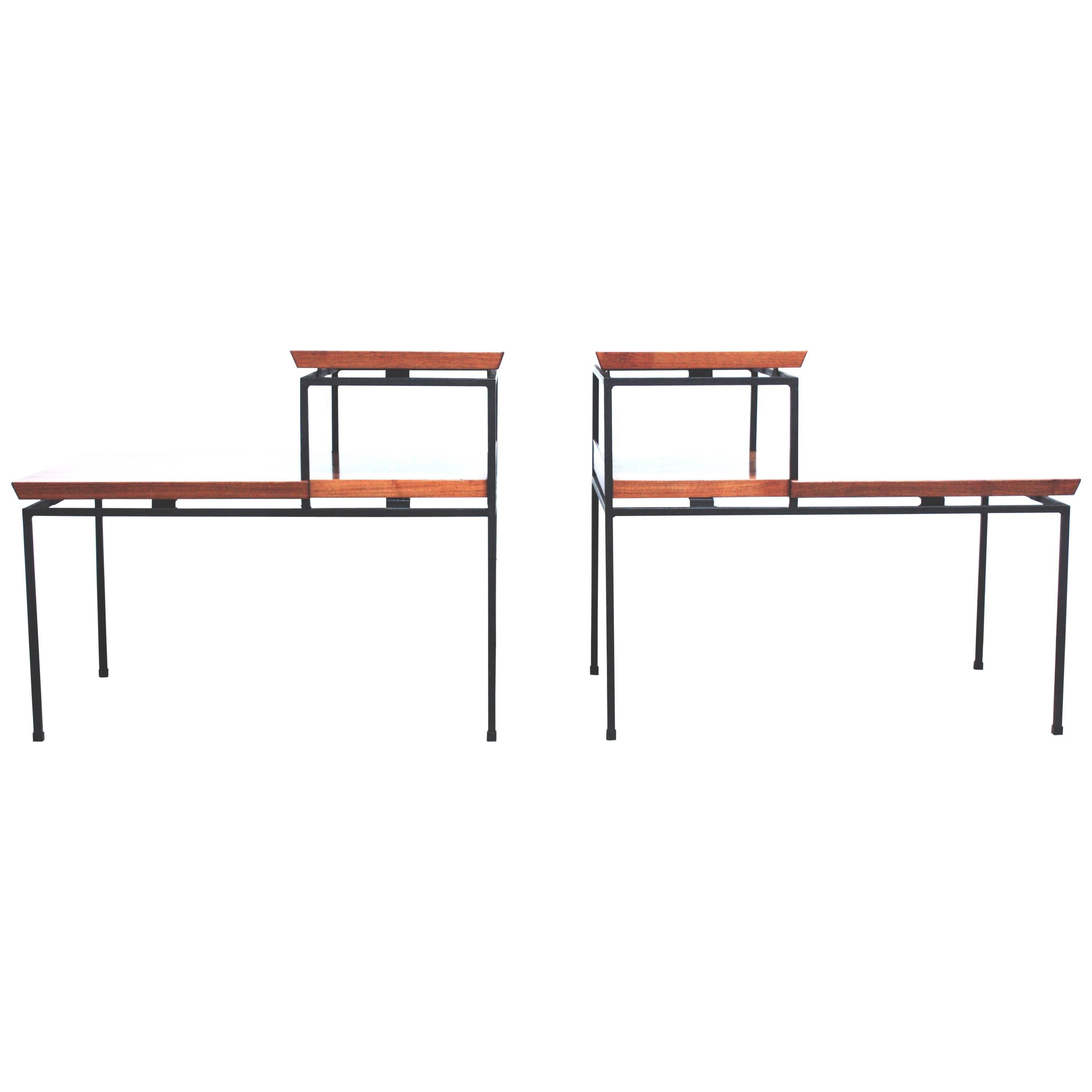 Pair of Two-Tier Walnut and Iron Side Tables by Furnwood Corp